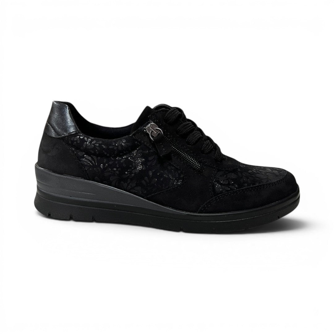 The Happy Shoe Shop ACO Comfort Aberdeen black sneaker with floral pattern panels, side zipper, and lace-up closure.