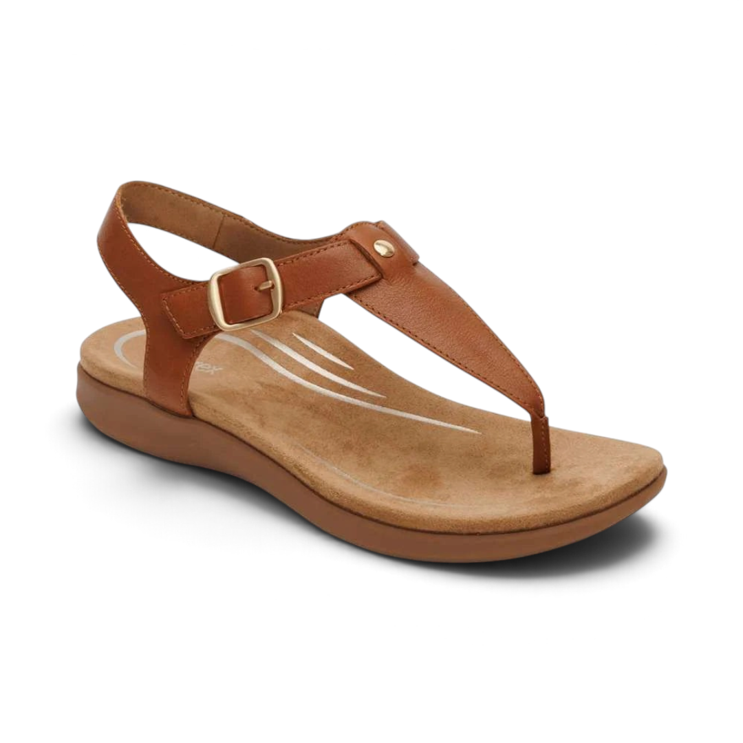 The Happy Shoe Shop Aetrex Tracey brown leather thong sandal with adjustable quarter strap and cushioned footbed.