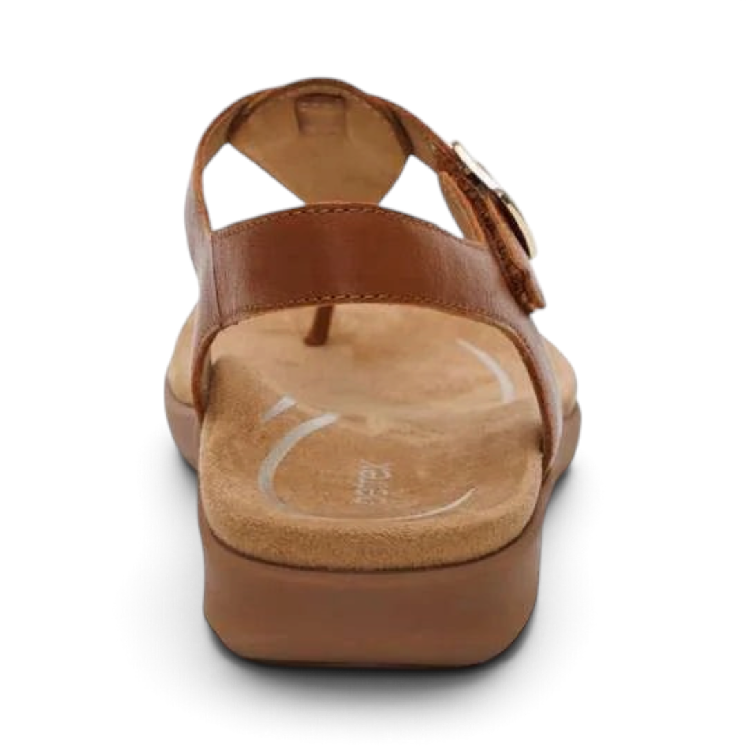 The Happy Shoe Shop Aetrex Tracey brown leather thong sandal, rear view showing adjustable strap and cushioned footbed.
