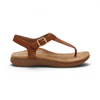The Happy Shoe Shop Aetrex Tracey brown leather thong sandal with adjustable strap and cushioned footbed