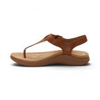 The Happy Shoe Shop Aetrex Tracey brown leather thong sandal with an adjustable strap and cushioned footbed.