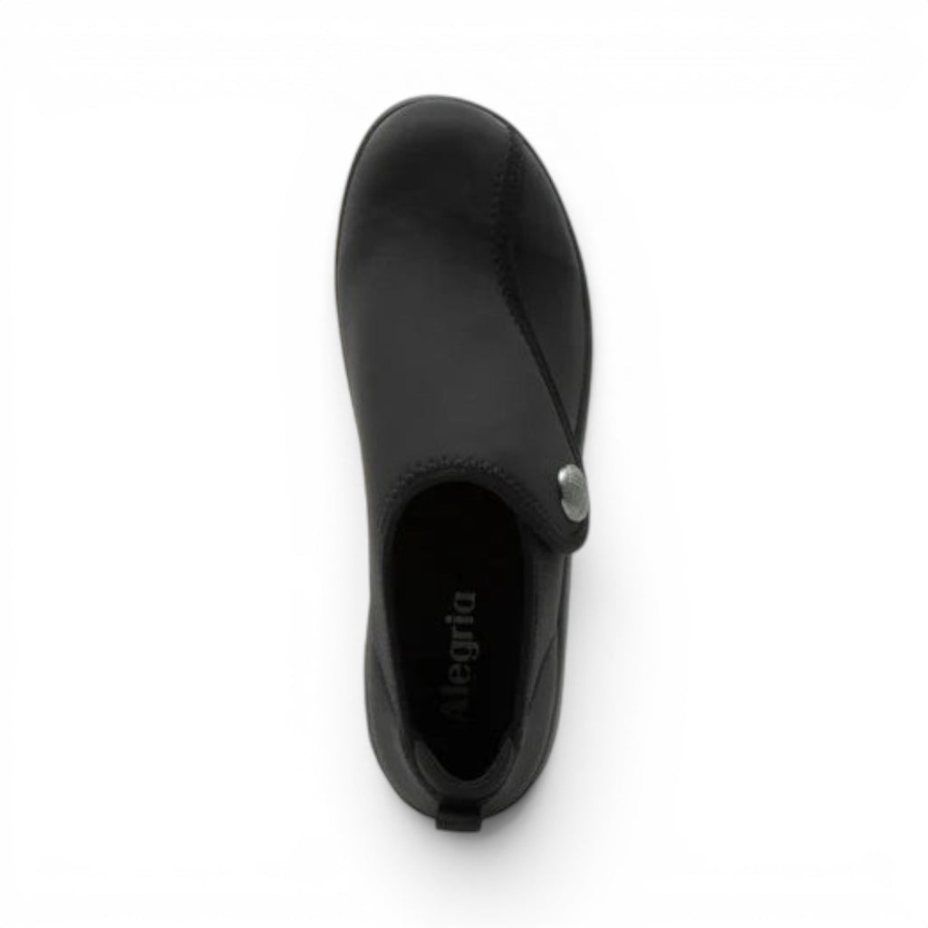 The Happy Shoe Shop Alegria Marilynn black stretch neoprene comfort shoe with hook-and-loop closure, top view.