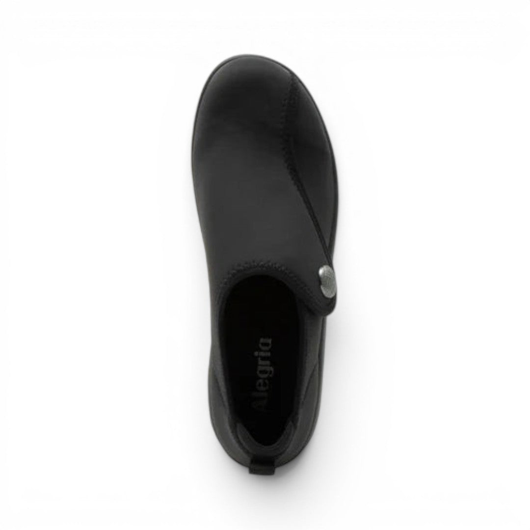 The Happy Shoe Shop Alegria Marilynn black stretch neoprene comfort shoe with hook-and-loop closure, top view.