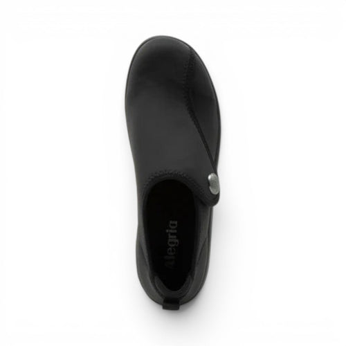 The Happy Shoe Shop Alegria Marilynn black stretch neoprene comfort shoe with hook-and-loop closure, top view.
