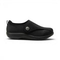 The Happy Shoe Shop Alegria Marilynn black stretch neoprene comfort shoe with a wide width and sport rocker outsole.