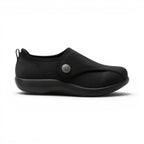 The Happy Shoe Shop Alegria Marilynn black stretch neoprene comfort shoe with a wide width and sport rocker outsole.