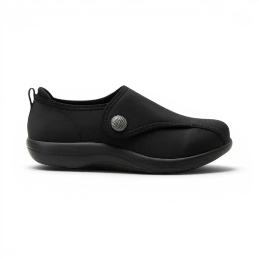 The Happy Shoe Shop Alegria Marilynn black stretch neoprene comfort shoe with a wide width and sport rocker outsole.