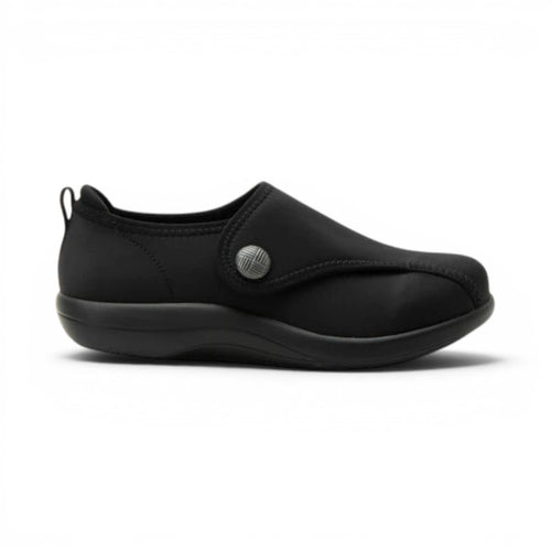 The Happy Shoe Shop Alegria Marilynn black stretch neoprene comfort shoe with a wide width and sport rocker outsole.
