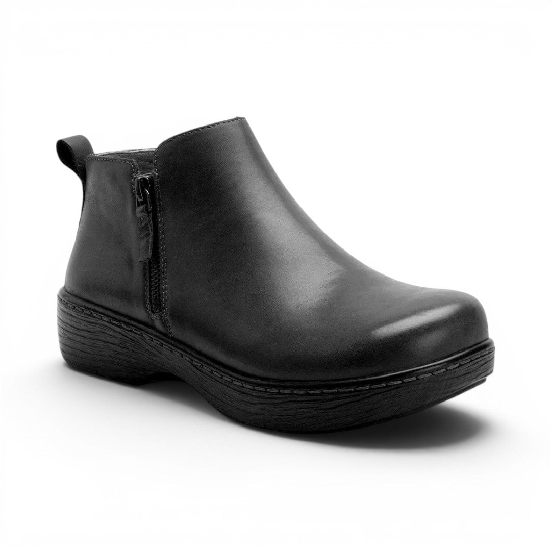 The Happy Shoe Shop Alegria Oaklee black leather ankle boots with side zipper and pull tab on a white background.
