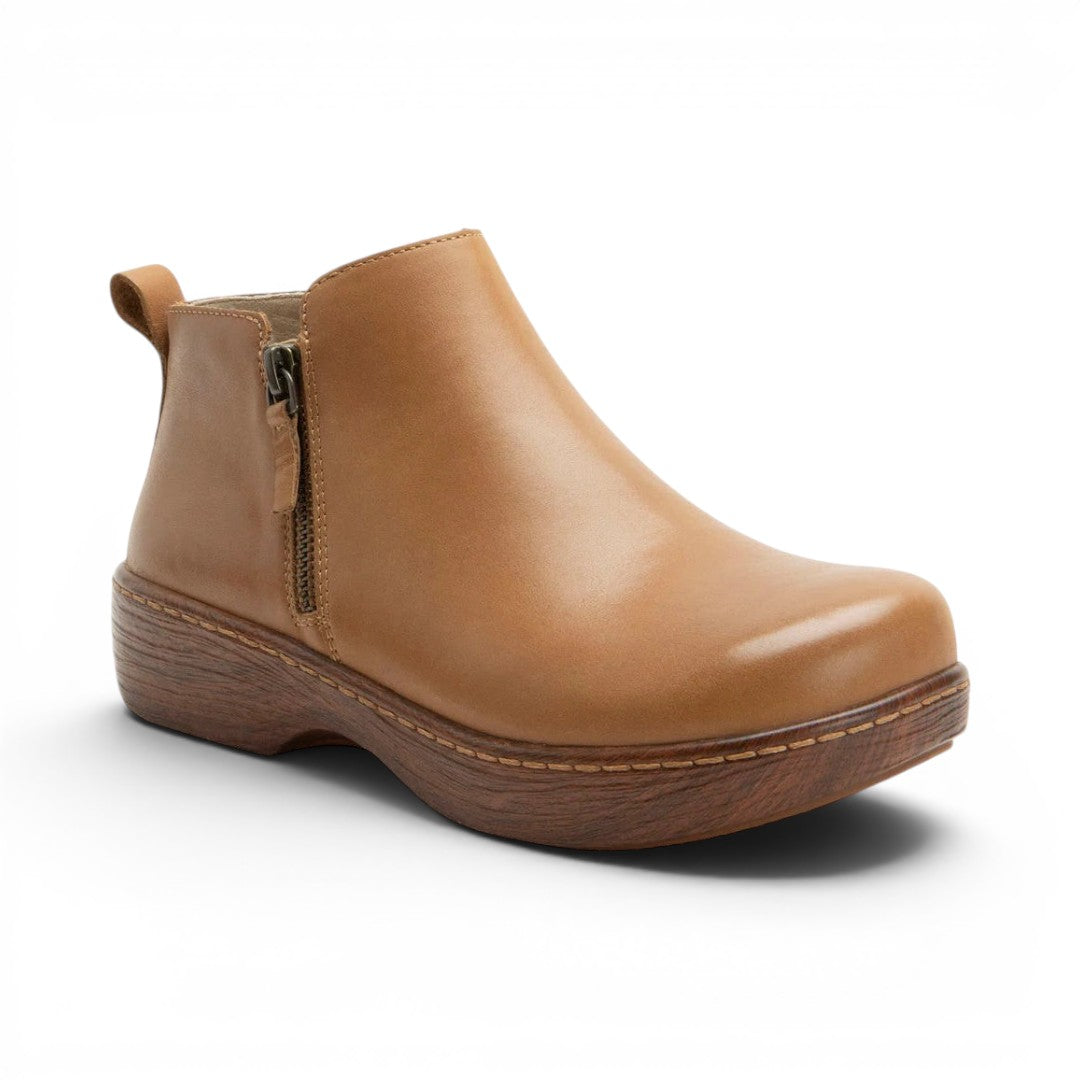 The Happy Shoe Shop Alegria Oaklee tan leather ankle boots with side zipper and wood-look platform sole