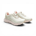 The Happy Shoe Shop Alegria ReBounce Revl blush knit lace-up sneaker with cushioned EVA outsole and padded collar.
