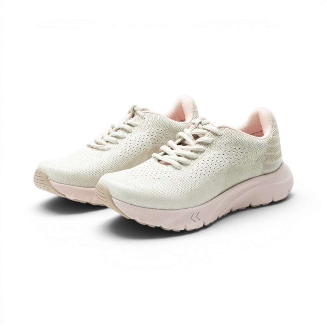 The Happy Shoe Shop Alegria ReBounce Revl blush knit lace-up sneaker with cushioned EVA outsole and padded collar.