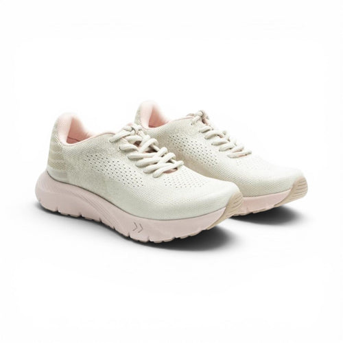 The Happy Shoe Shop Alegria ReBounce Revl blush knit lace-up sneaker with cushioned EVA outsole and padded collar.