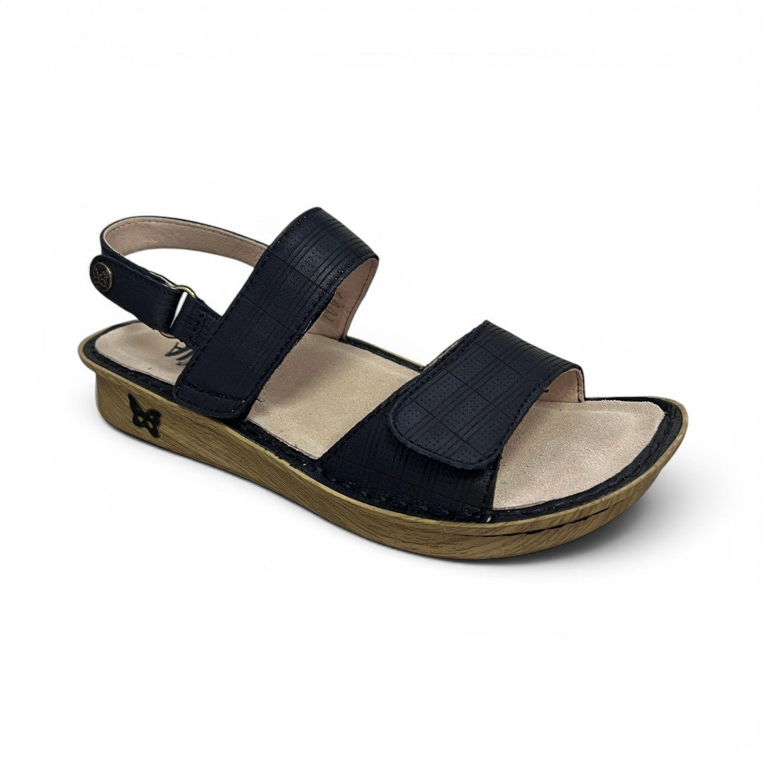 The Happy Shoe Shop Alegria Verona sandal in black Engraver leather with adjustable straps and ergonomic footbed.