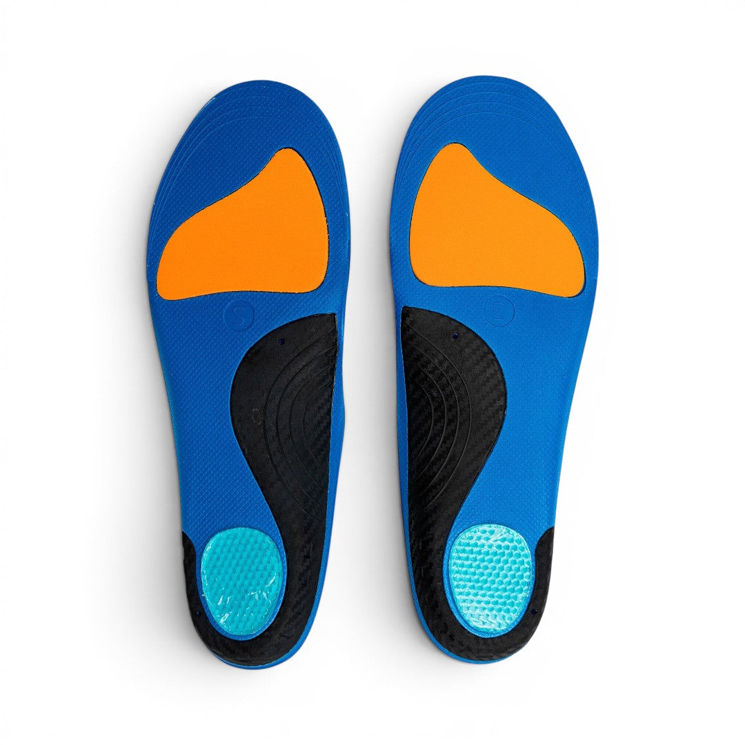 The Happy Shoe Shop Archline Active Orthotics insoles in blue with orange and black accents, featuring carbon fiber and gel cushioning.