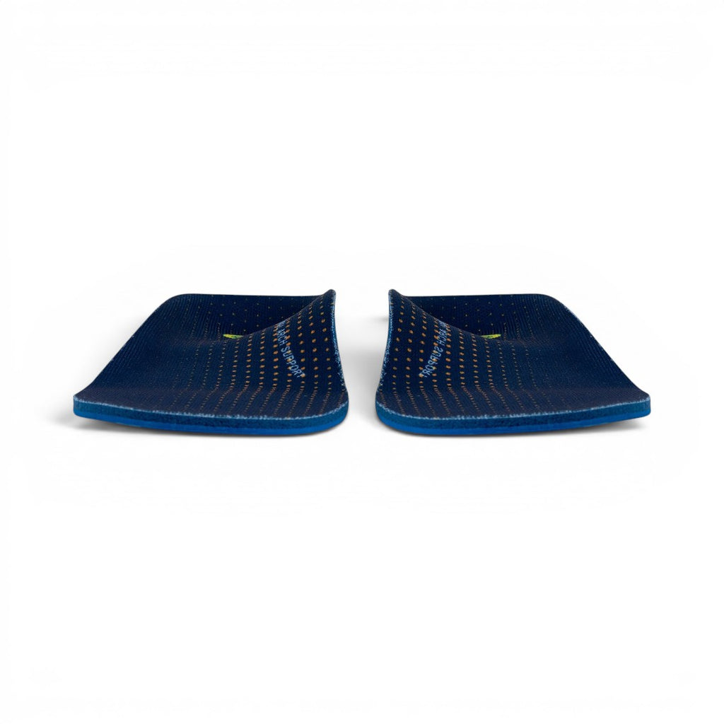 The Happy Shoe Shop Archline Active Orthotics insoles in dark blue with yellow dot pattern and arch support text.