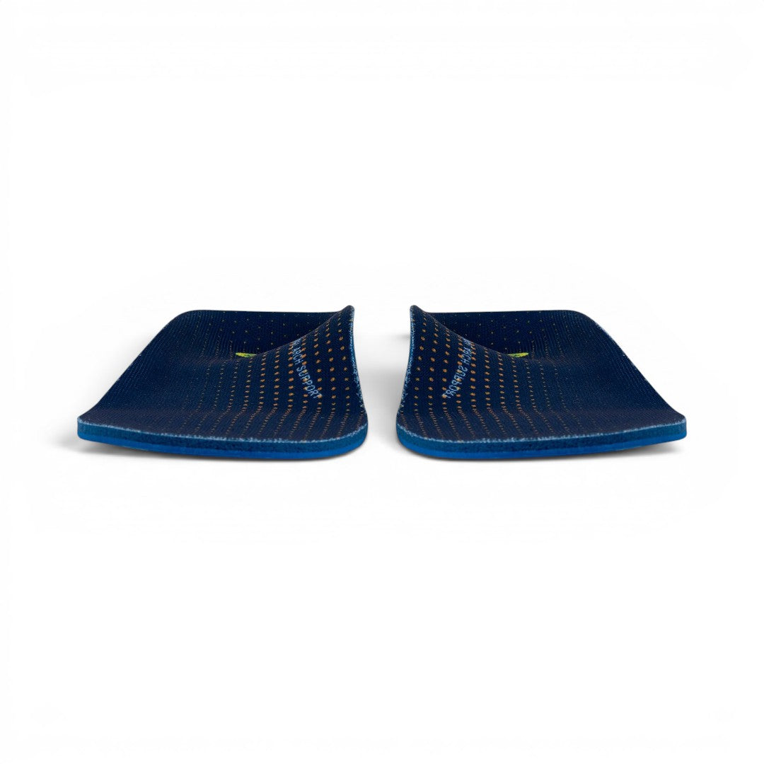 The Happy Shoe Shop Archline Active Orthotics insoles in dark blue with yellow dot pattern and arch support text.