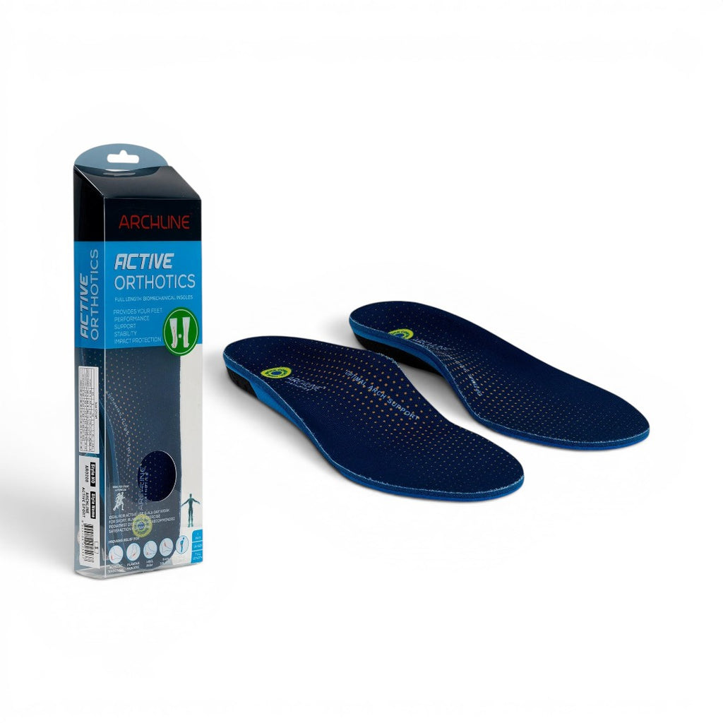 The Happy Shoe Shop Archline Active Orthotics insoles are dark blue with a carbon fibre shell and EVA construction for biomechanical support. Features advanced cushioning and moisture-wicking top cover.