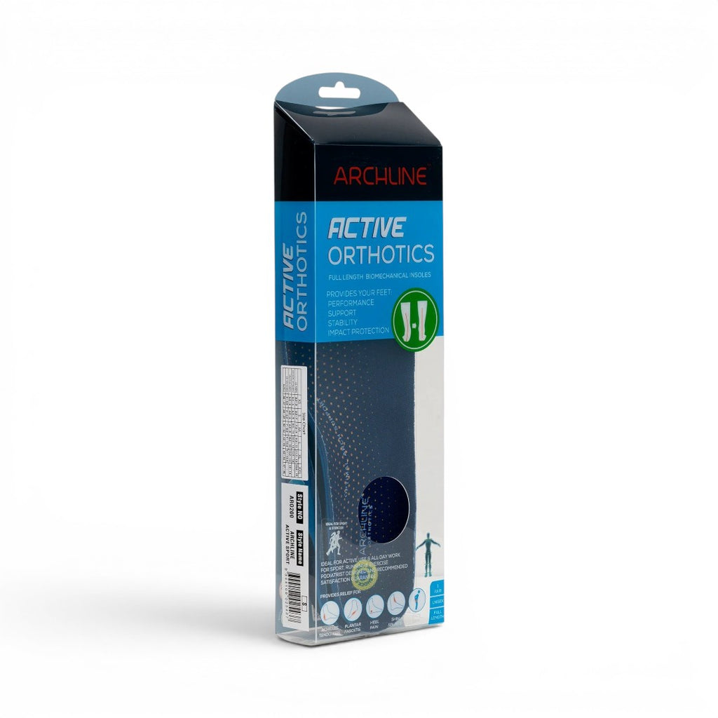 The Happy Shoe Shop Archline Active Orthotics full-length biomechanical insoles with carbon fibre shell and EVA construction for performance.