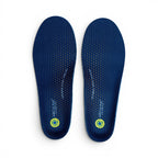 The Happy Shoe Shop Archline Active Orthotics insoles in navy blue with yellow polka dots and text detailing optimal arch support.