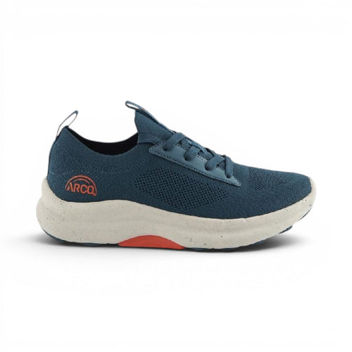 The Happy Shoe Shop Arco2 blue lace-up walking shoe with breathable mesh upper and supportive speckled EVA sole.