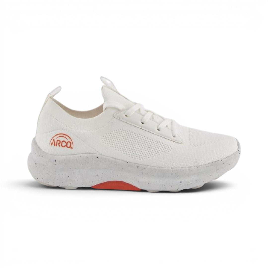 The Happy Shoe Shop Arco2 white lace-up walking shoe with recycled air mesh upper and speckled three-density sole.