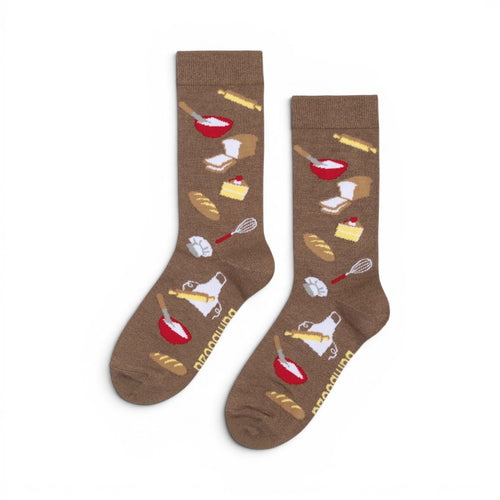 The Happy Shoe Shop Women's Bakers Gunna Bake bamboo socks in taupe with baking graphics. Features kitchen tools and treats.