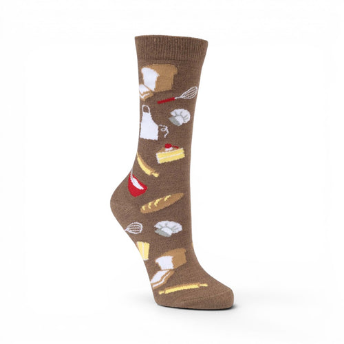 The Happy Shoe Shop Women's Bakers Gunna Bake Bamboo Socks in taupe with baking icons like bread, cake, and aprons. Made from bamboo blend.