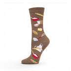 The Happy Shoe Shop Women's taupe bamboo blend socks with baking motifs like rolling pins, whisks, aprons, bread, and cake.