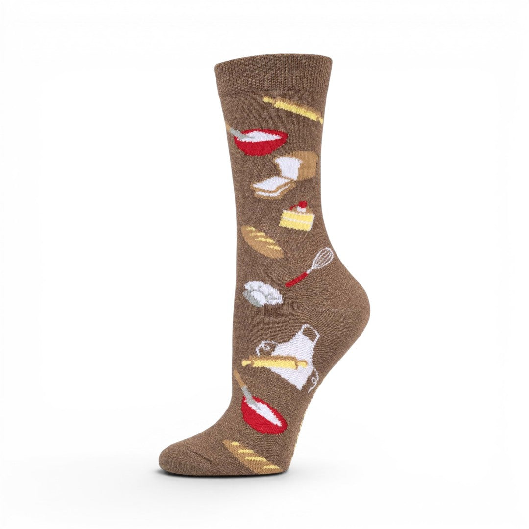 The Happy Shoe Shop Women's taupe bamboo blend socks with baking motifs like rolling pins, whisks, aprons, bread, and cake.