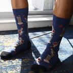 The Happy Shoe Shop Bamboozld men's navy blue socks with cricket bat and wicket pattern. Made from bamboo, cotton, and spandex.