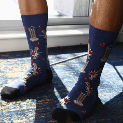 The Happy Shoe Shop Bamboozld men's navy blue socks with cricket bat and wicket pattern. Made from bamboo, cotton, and spandex.