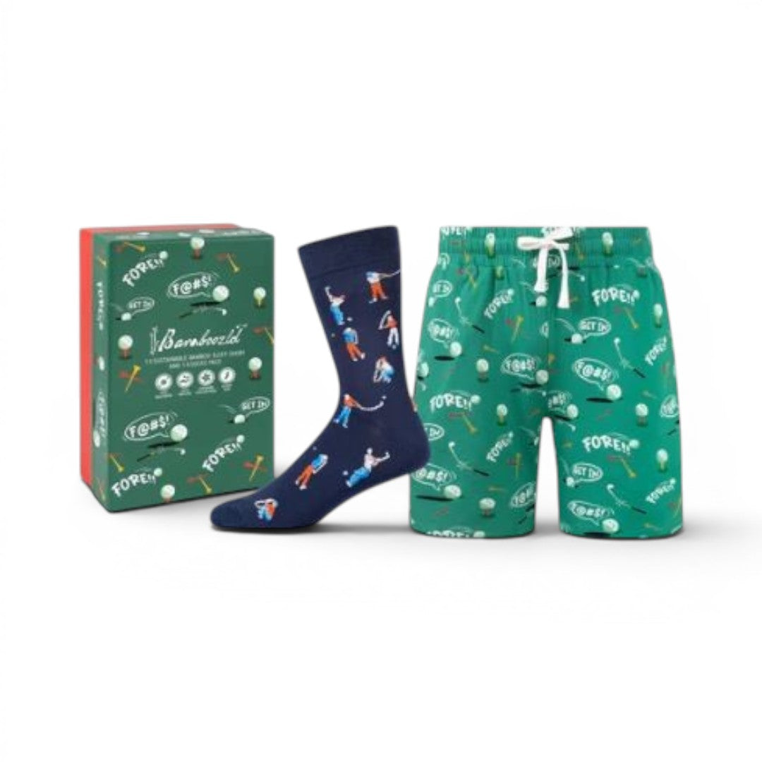 The Happy Shoe Shop Bamboozld men's gift set with navy crew socks and green shorts featuring a golf print.