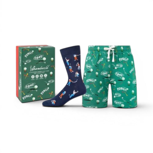 The Happy Shoe Shop Bamboozld men's gift set with navy crew socks and green shorts featuring a golf print.