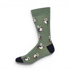 The Happy Shoe Shop Bamboozld men's sage green socks with all-over kookaburra print and navy toe.