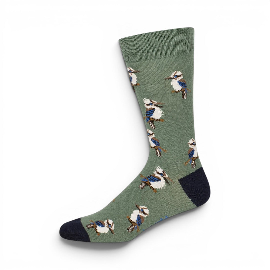 The Happy Shoe Shop Bamboozld men's sage green socks with all-over kookaburra print and navy toe.
