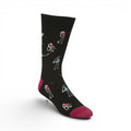 The Happy Shoe Shop Bamboozld black bamboo socks with a golfer pattern and maroon toe and heel.