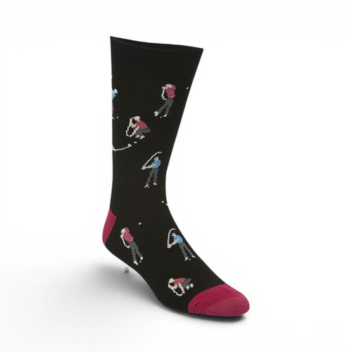 The Happy Shoe Shop Bamboozld black bamboo socks with a golfer pattern and maroon toe and heel.