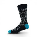 The Happy Shoe Shop Bamboozld men's black crew socks with white physics formulas and turquoise heel and toe.