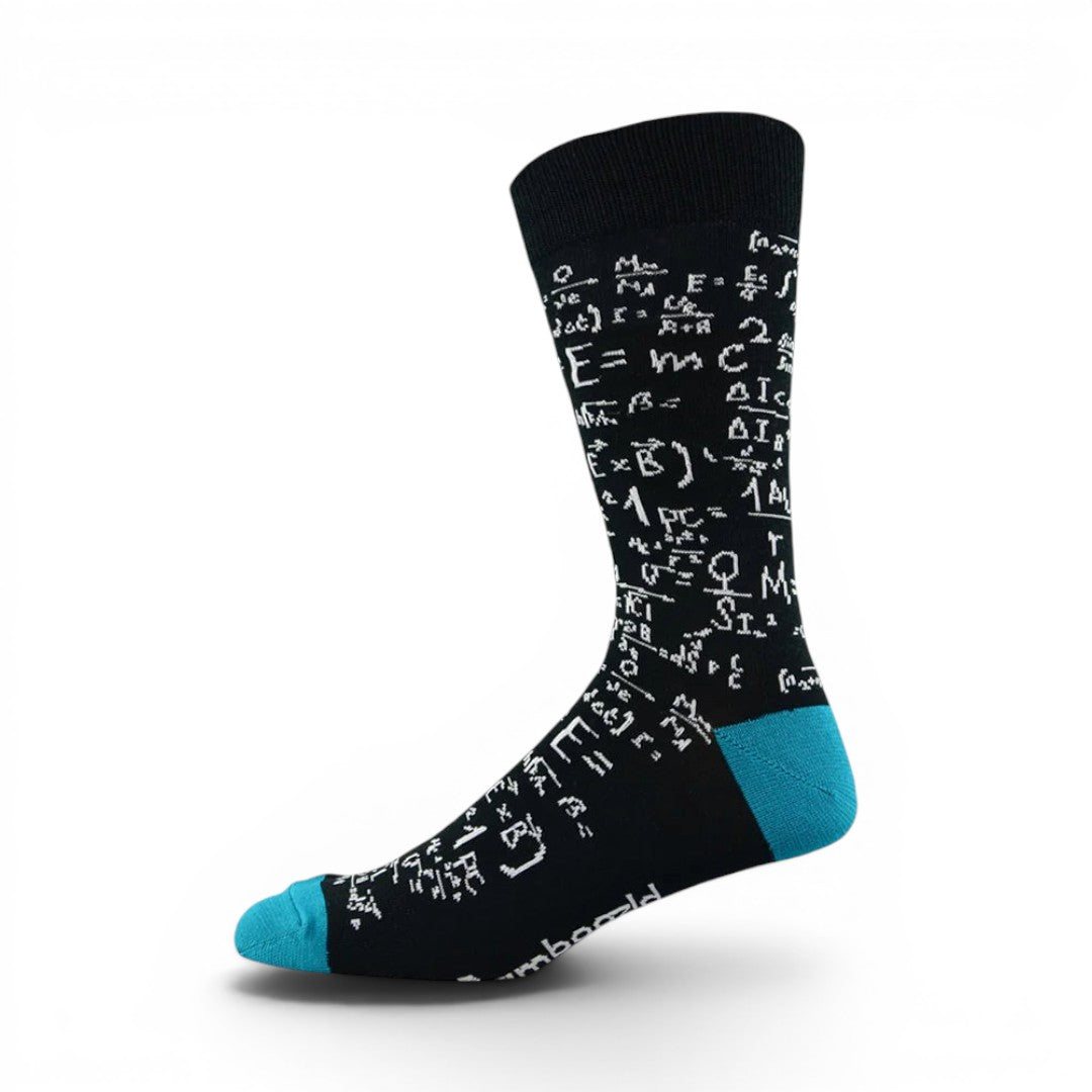 The Happy Shoe Shop Bamboozld men's black crew socks with white physics formulas and turquoise heel and toe.
