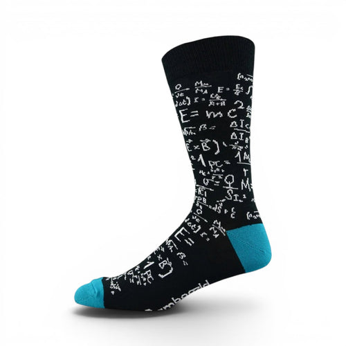 The Happy Shoe Shop Bamboozld men's black crew socks with white physics formulas and turquoise heel and toe.