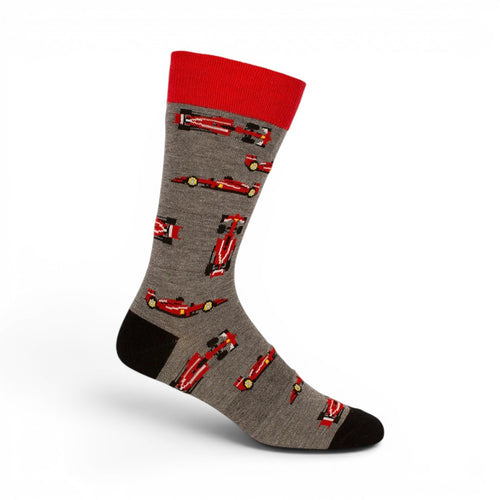 The Happy Shoe Shop Bamboozld Men's F1 Bamboo Socks in grey with red racing car pattern and red cuff.