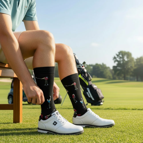 The Happy Shoe Shop Bamboozld men's black bamboo socks with a golfer pattern and maroon toe/heel.