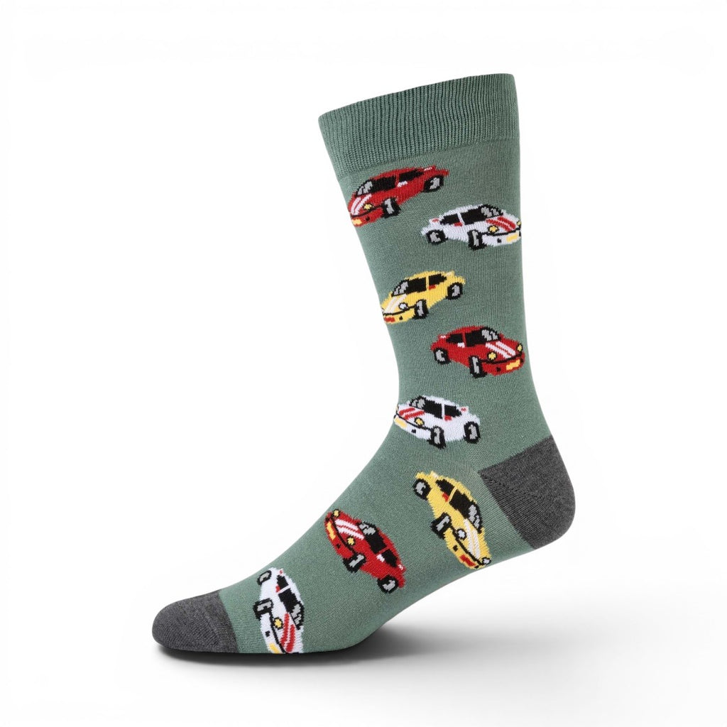 The Happy Shoe Shop Bamboozld Men's Posh Car Bamboo Socks in sage green with a pattern of red, yellow, and white sports cars.