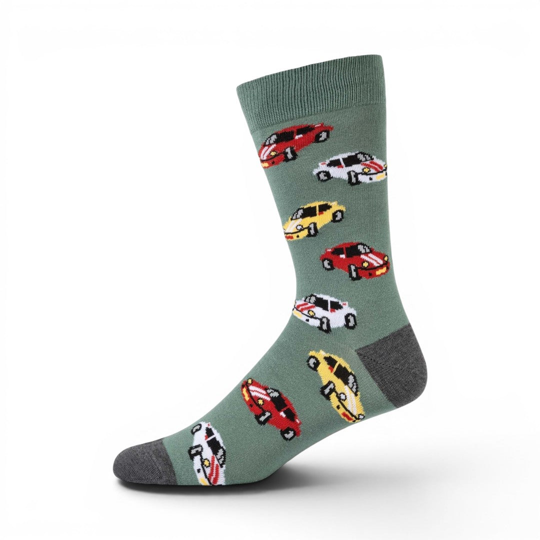 The Happy Shoe Shop Bamboozld Men's Posh Car Bamboo Socks in sage green with a pattern of red, yellow, and white sports cars.