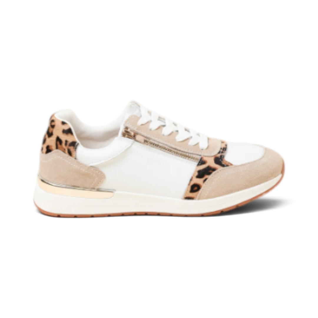 The Happy Shoe Shop Bay Lane Glebe white leather sneaker with leopard print accents, side zip, and cushioned sole.