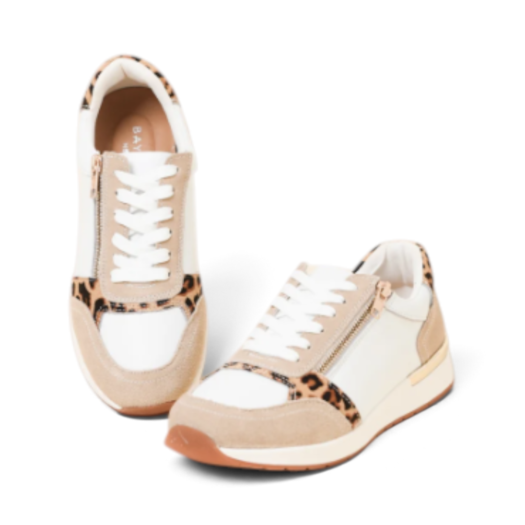 The Happy Shoe Shop Bay Lane Glebe white leather sneakers with beige suede and leopard print accents and side zip.