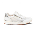 The Happy Shoe Shop Bay Lane Glebe white leather fashion sneaker with side zip, mesh panels, and silver accents.
