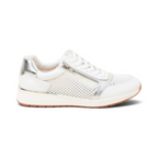 The Happy Shoe Shop Bay Lane Glebe white leather fashion sneaker with side zip, mesh panels, and silver accents.
