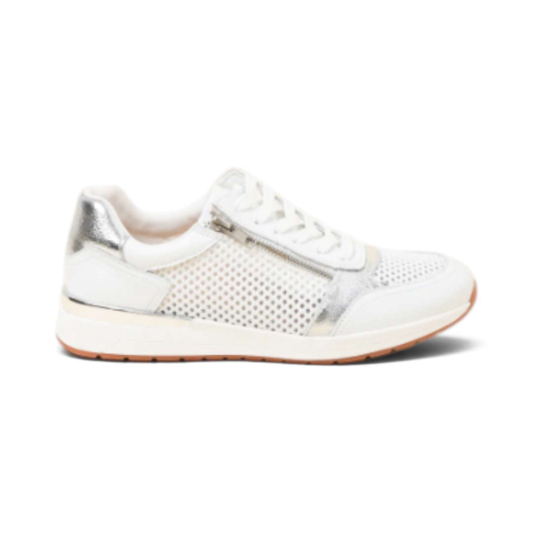 The Happy Shoe Shop Bay Lane Glebe white leather fashion sneaker with side zip, mesh panels, and silver accents.